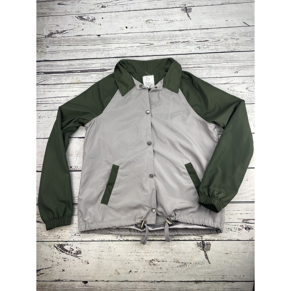 FULL TILT Women's Medium Two Tone Coach Jacket Grey Olive Snap Front Drawstring